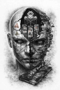 Portrait of a man's face on the left blending into a dark architectural structure on the right in black and grey; AI-generated project idea, perfect for a cover-up.