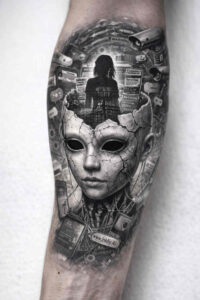 Mask-faced portrait with surreal cityscape collage in black and grey; tattoo design concept (AI-generated)