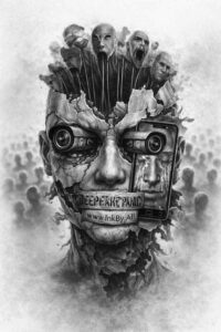 Black and grey tattoo concept of a surreal, fragmented skull portrait assembled from multiple skulls; a project idea perfect for a cover-up.