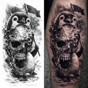 Black and grey tattoo design idea showing a skull with a bird perched atop; monochrome, high-contrast shading, AI-generated concept, perfect for cover-up.