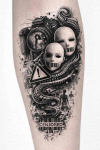 Two grayscale skulls with orbiting circles and a geometric triangle in a black and grey realism tattoo concept; AI-generated project, cover-up ready.