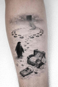 Penguin silhouette, armchair, and a circle of stones on a grayscale beach scene; black and grey, project/idea tattoo concept.