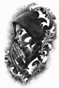 Hooded figure in prayer rendered in black and grey ink with flowing ornamental filigree; a project concept in grayscale, AI-generated, suitable as a cover-up.