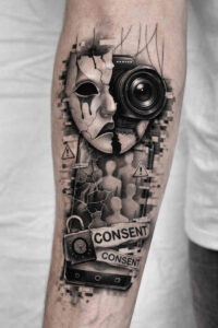 Cover-up ready, black and grey surrealist tattoo design of a split-face mask and a mechanical gear, with a torn poster and bold text; AI-generated concept.