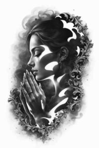 Portrait of a praying woman in grayscale with flowing hair, black and grey, concept project idea suitable for cover-up.