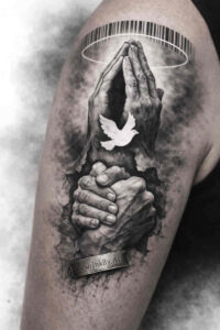 Prayer hands in black and grey, with a dove, AI-generated tattoo concept, cover-up possibility.