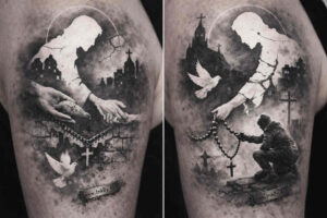 Cross, dove, circular moon and silhouetted figure in black and grey; project tattoo design, cover-up suitable.