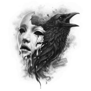 Mask and raven in black and grey tattoo concept, a project idea.