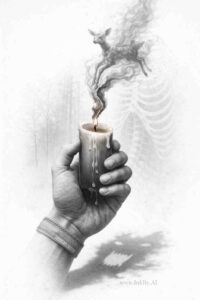 Candle held by a hand with curling smoke forming a dragon; black and grey tattoo, AI-generated concept.