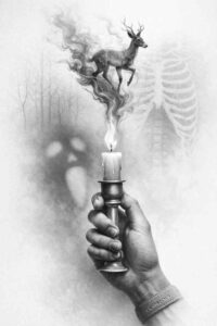 Candle held in grayscale hand with deer-shaped smoke; black and grey tattoo concept, a project idea, with cover-up potential.