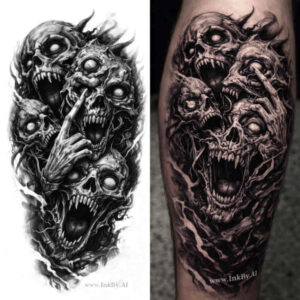 Black and grey heavy skull cluster tattoo in progress; a project concept with a hand motif, clearly suitable for cover-up.