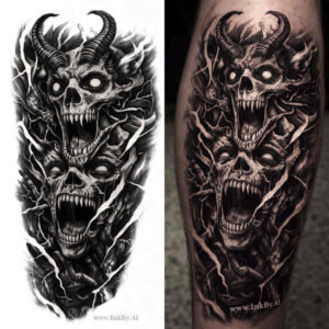 Forearm black-and-grey tattoo design of a demon skull with horns and stacked faces; AI-generated concept, perfect for a cover-up.