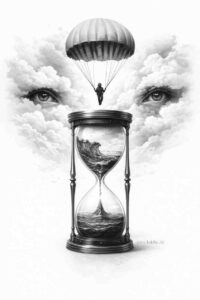 Surreal hourglass tattoo design with parachute and clouds Hourglass with a parachute above drifting clouds in black and grey; AI-generated tattoo design concept (project/idea).