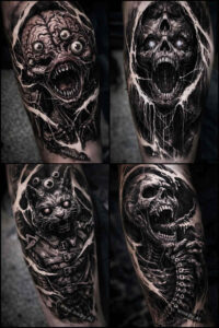 Skull with biomechanical gear details in black and grey, concept tattoo idea, AI-generated design suitable for cover-up.