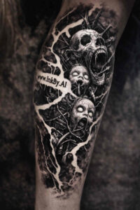 Black and grey skulls wrap-around sleeve tattoo design; AI-generated concept, cover-up-ready project.