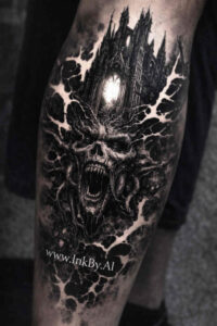 Demon skull with jagged lightning bursts in blackwork, black and grey tattoo design concept; AI-generated, cover-up-ready idea.