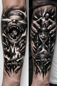Black and grey tattoo design of a menacing demon mask with a horn and snarling teeth, spanning the forearm with heavy shading; AI-generated concept, project idea, cover-up suitable.
