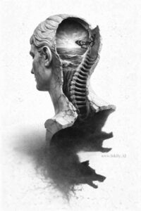Black and grey biomechanical tattoo design featuring a female head in profile with an exposed spine and machine elements along the neck, concept art for a tattoo.