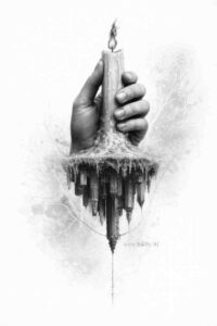 Black and grey tattoo concept of a hand holding a lit candle with dripping wax, grayscale project idea for ink.