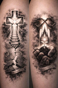 Cross tattoo in black and grey, a two-panel design with rugged crucifix, bold shading and crack textures; AI-generated concept, ideal as a cover-up project.