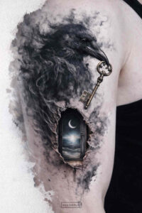 Pocket watch on a dark bark background in black and grey; AI-generated tattoo design idea; perfect for cover-up.