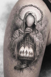 Haloed hooded figure with circular halo, lantern containing silhouettes, in black and grey; AI-generated tattoo concept, cover-up ready.