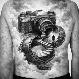 Camera tattoo in black and grey on the chest; project idea featuring film reel and cloudy background.