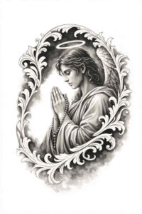 Angel praying with halo and ornate frame in black and grey; AI-generated tattoo concept – project idea.