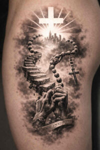 Black and grey tattoo featuring a dragon wrapped around a staircase with a sunburst at the top; an AI-generated idea, cover-up suitable.