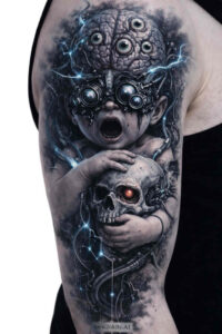 Black and gray biomechanical skull tattoo on upper arm featuring gear, circuit, and face elements; a project idea, and perfect for cover-up.