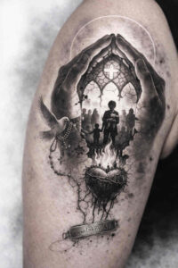 Black and gray tattoo design featuring a circular Gothic window with a stained-glass arch, two silhouetted figures, and an ornate pedestal; project concept; cover-up ready.