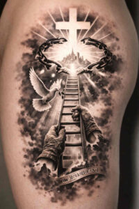 Black and grey tattoo design of a crucifix with radiant halo, a ladder rising behind, and angel wings on the sides; AI-generated concept, a project/idea with cover-up potential.