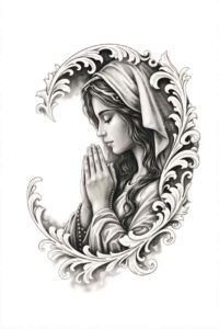 Virgin Mary praying portrait in black and grey, project idea; depicts mary, hand, veil, and ornate border.