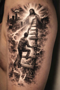 Dramatic black and grey tattoo design: staircase ascent Black and grey tattoo design featuring a climber ascending a shadowy staircase toward a bright light; project concept, cover-up suitable.
