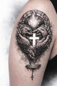Black and grey realism tattoo concept featuring hands circled around a central cross with rosary beads; AI-generated project, ideal for cover-up.