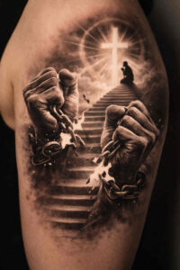 Black and grey tattoo design featuring two hands reaching toward a radiant cross atop a stairway; AI-generated project concept, perfect for a cover-up.