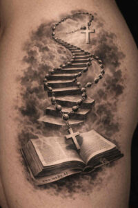 Staircase emerging from an open book through smoky clouds in black and grey realism; AI-generated tattoo design concept, monochrome, project idea, not intended as cover-up.