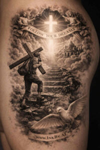 Crucifix with rays in storm clouds, black and grey tattoo design concept; project/idea suitable for cover-up.