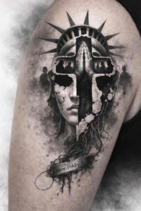 Portrait-style black and grey tattoo design: masked head with sunburst crown behind, resembling a statue. AI-generated concept, project/idea, cover-up ready.