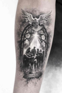 A grayscale tattoo concept of an arched cathedral window featuring a winged angel above and worshippers below; black and grey, concept design, perfect for a cover-up.