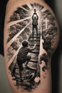 Black and grey tattoo design concept, AI-generated, showing a figure on stairs toward a cross, with a dramatic light.