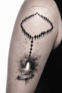 Diamond bead dotwork tattoo design with pendant in black and grey; concept idea.