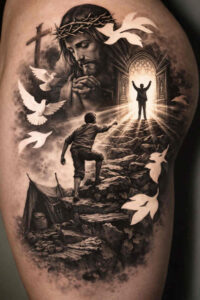 Dark black and grey tattoo design concept: a solitary man climbs rocky path toward a distant light, with a cross and a dove — AI-generated idea, cover-up ready.