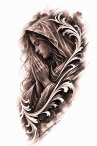 Hooded figure in black and grey realism, grayscale tattoo concept with decorative flourishes; a dark, moody project idea suitable for future work.