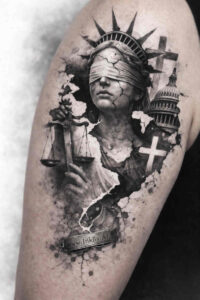 Black and grey realism forearm tattoo featuring a classical bust with a sunburst halo, a hint of cityscape, and a bird; AI-generated concept, suitable for a cover-up.