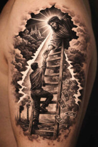 This black-and-grey tattoo concept shows a figure climbing a wooden ladder toward clouds and a bright light, a concept sketch ideal for cover-up.
