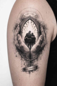 Black and grey realism tattoo design of a Gothic arch window framed by praying hands forming a circular centerpiece on the upper arm; AI-generated concept.