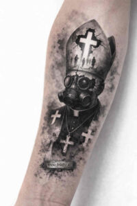 Concept tattoo design in black and grey; pope skull with bishop mitre and crosses, project idea, suitable for cover-up.