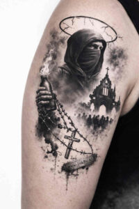 Hooded Grim Reaper with a scythe rendered in black and grey, moon and trees in the background; project idea tattoo, cover-up suitable.