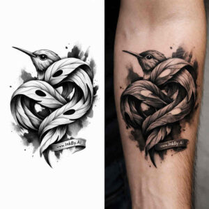 Koi fish ribbon tattoo in black and grey on skin, concept idea for a monochrome tattoo design.